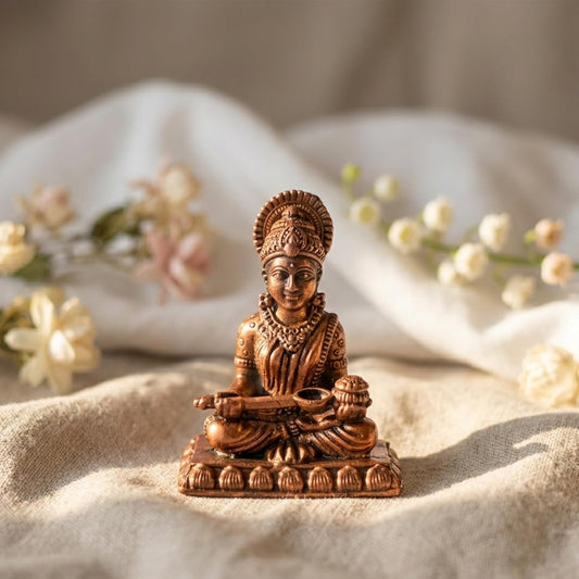 Pure Copper Saraswati MATA Murti | Handcrafted Copper Idol for Pooja Room, Vastu Decor | Traditional & Auspicious Religious Hindu God Showpiece & Gift Item | 45gm (4.5x3.5 cm)