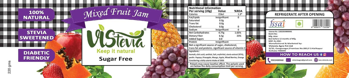 VIStevia Sugar Free Mixed Fruit Jam (220g) | Diabetic & Keto Friendly | Sweetened with Stevia and Erythritol | 100% natural | More than 60% whole fruit | Tastes delicious