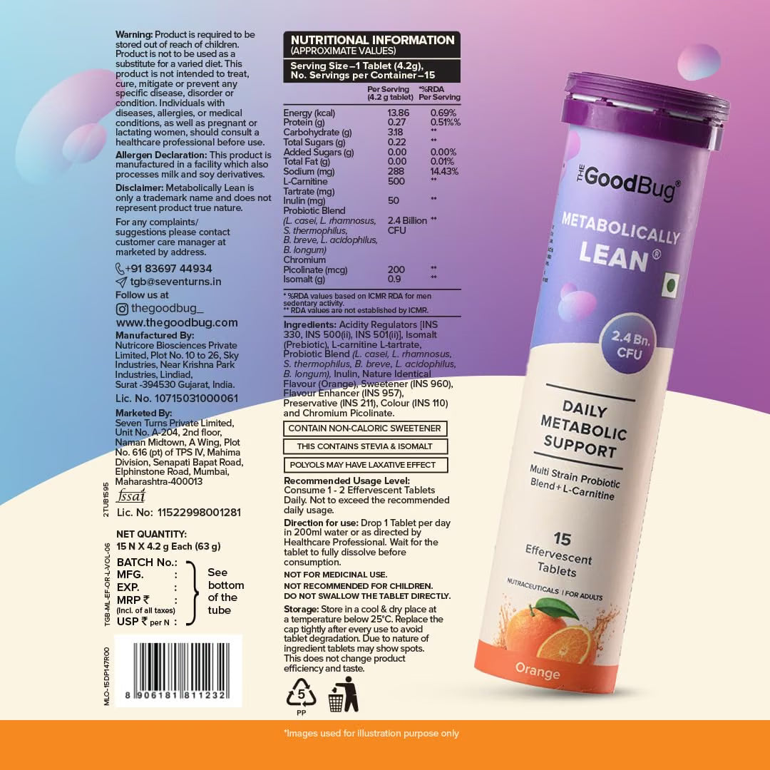 The Good Bug Metabolically Lean Effervescent Tablets - Orange | with L-Carnitine & Probiotics| Supports Weight Management, Gut Health & Craving Control | 15 Tablets