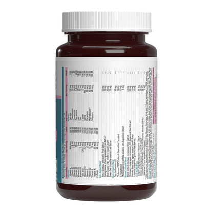 Brown supplement bottle with white label on a white background