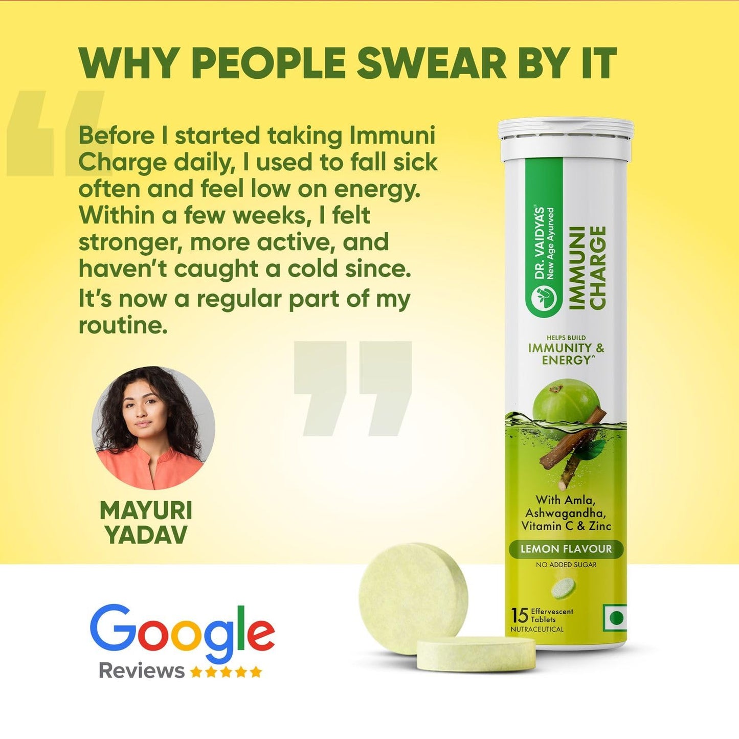 Dr. Vaidya's Immuni Charge Effervescent | No Added Sugar | Boosts Immunity With Vitamin C, Amla & Zinc | Lemon Flavour | (15 Tablets Each)