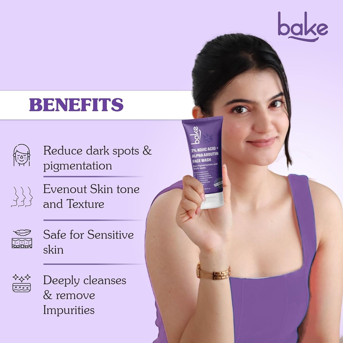 BAKE 2% Kojic Acid Brightening Face Wash Dual Action Formula with Alpha Arbutin & Niacinamide | De-Tan Wash | For Pigmentation, Dark Spots & Tan Removal | Anti Pigmentation Daily Wash - 100ml