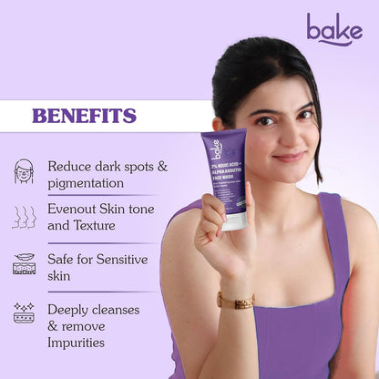 BAKE 2% Kojic Acid Brightening Face Wash Dual Action Formula with Alpha Arbutin & Niacinamide | De-Tan Wash | For Pigmentation, Dark Spots & Tan Removal | Anti Pigmentation Daily Wash - 100ml