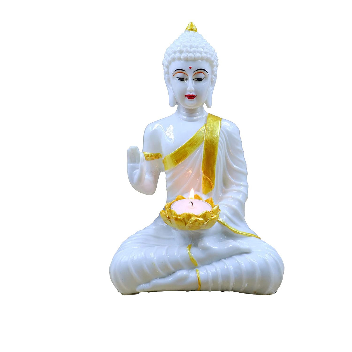 White Gold Buddha Sitting with TeaLight in Hand Polyresin Idol - Perfect for Living Room, Bedroom & Office Space Home Decor Wall Decoration Ideal Gifting (White Light Buddha)