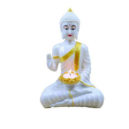 White Gold Buddha Sitting with TeaLight in Hand Polyresin Idol - Perfect for Living Room, Bedroom & Office Space Home Decor Wall Decoration Ideal Gifting (White Light Buddha)