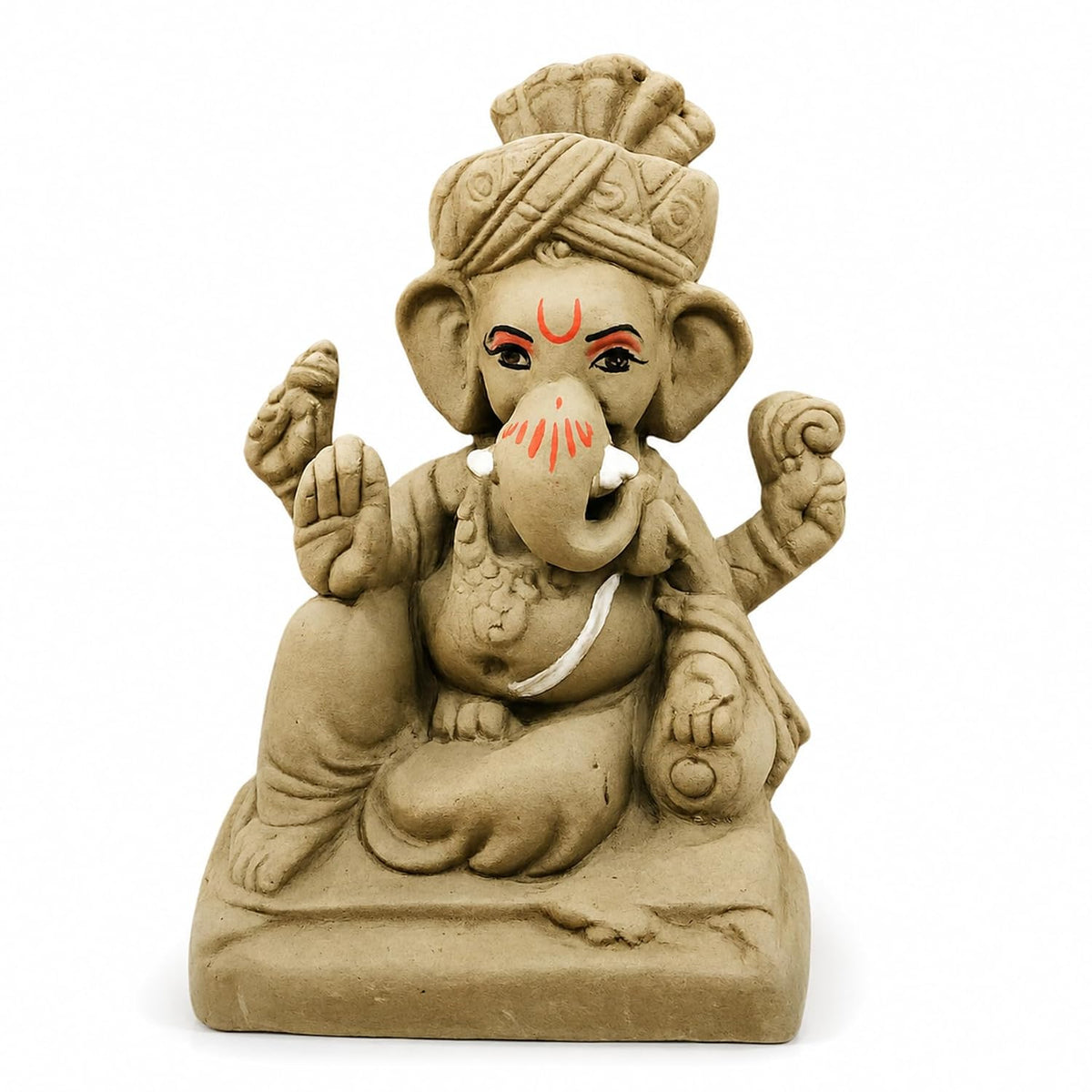 SHOPMEFAST Clay Ganesh Idol, 4 Inches Height, Water Soluble Ganpati Murti for Ganpati Visarjan (Small) (Natural Brown - Pagri Ganesha)