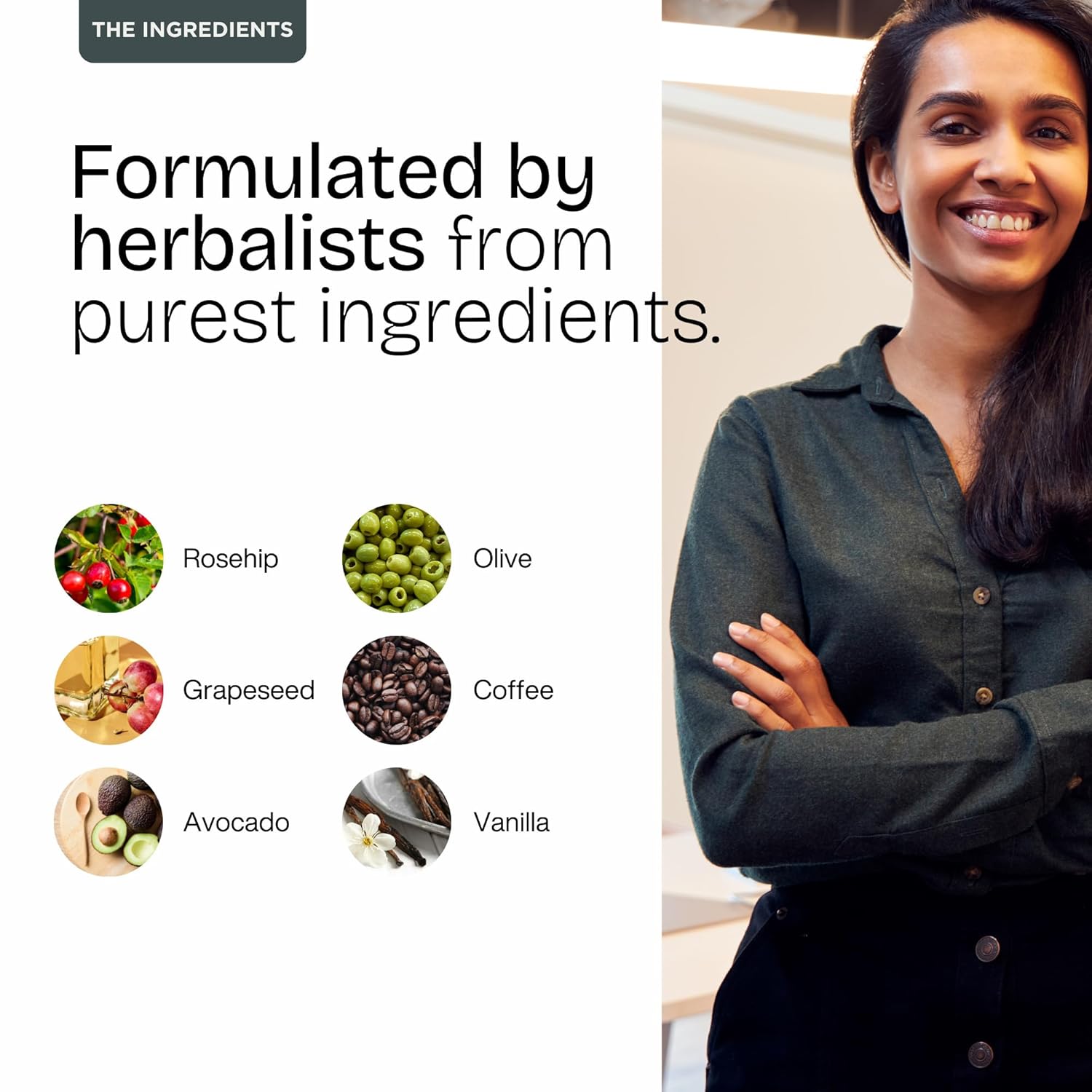 Woman with crossed arms next to a list of ingredients on a white background