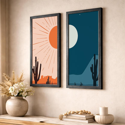 Minimalist Desert Wall Art Set of 2 Framed Prints | Sun & Moon Cactus Landscape Posters with Frames, Boho Neutral Abstract Nature Wall Decor, Scandinavian Aesthetic Artwork for Living Room, Bedroom, Office, Wall Hanging Frame (Art-12, 10x19inch, Wooden)