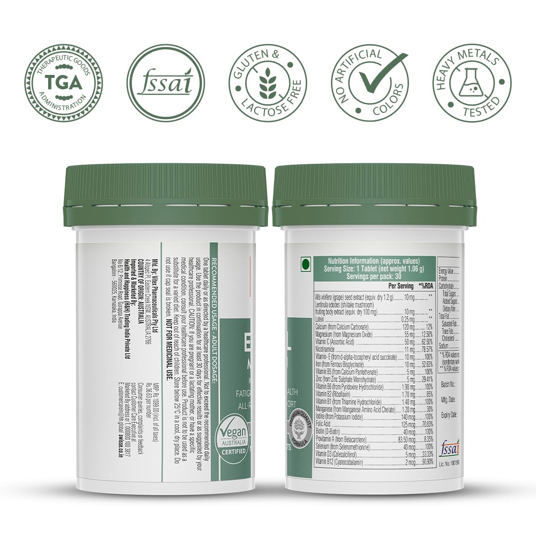 Zephivo Swisse Essential Multivitamin For Men & Women, 30 Tablets - Vegan Certified Multivitamin with 100% RDA of Vitamin B, Vitamin E, Biotin & Minerals - Australia's No. 1 Multivitamin Brand