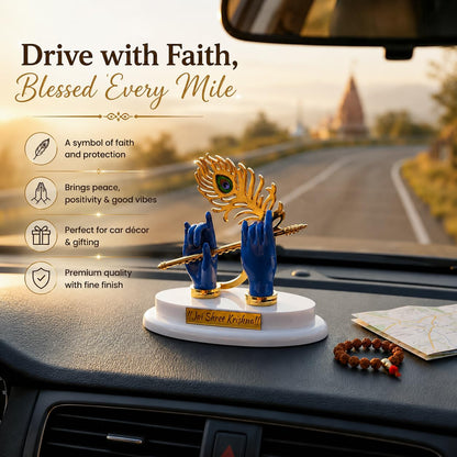 Krishna Flute Showpiece for Car Dashboard – Jai Shree Krishna Decorative Idol with Mor Pankh, Spiritual Dashboard Decor for Home Temple, Office Desk, Vastu Gift Item