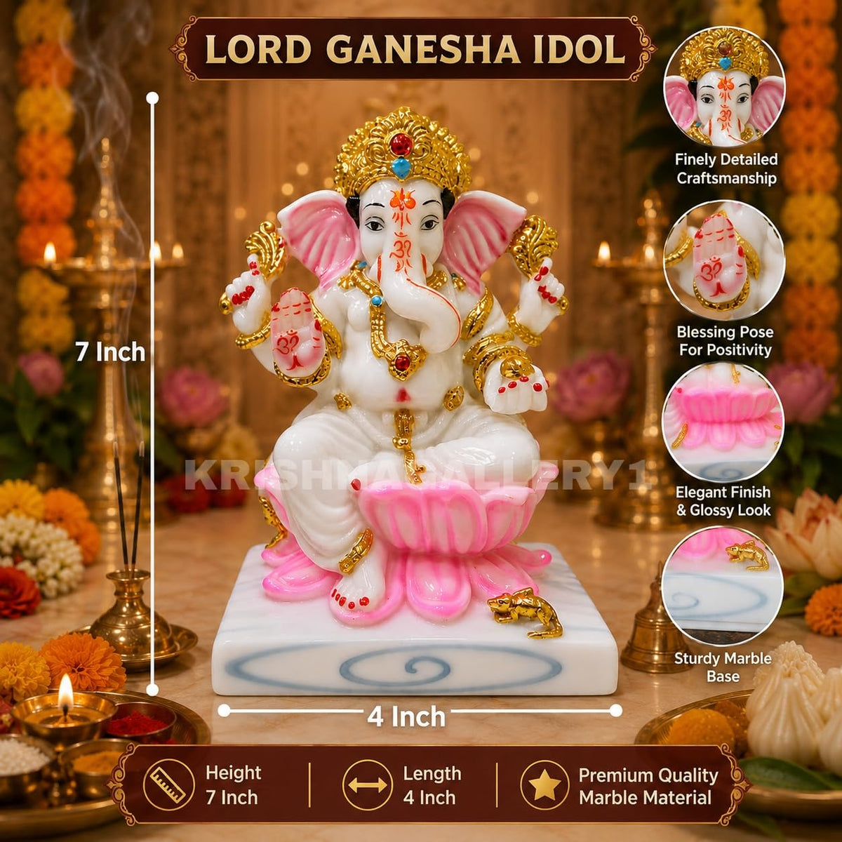 Lord Marble White Ganesh ji Murti Ganesha Ganpati Maharaj Murti Statue for Pooja Room Idol 6.5 Inch, Idol