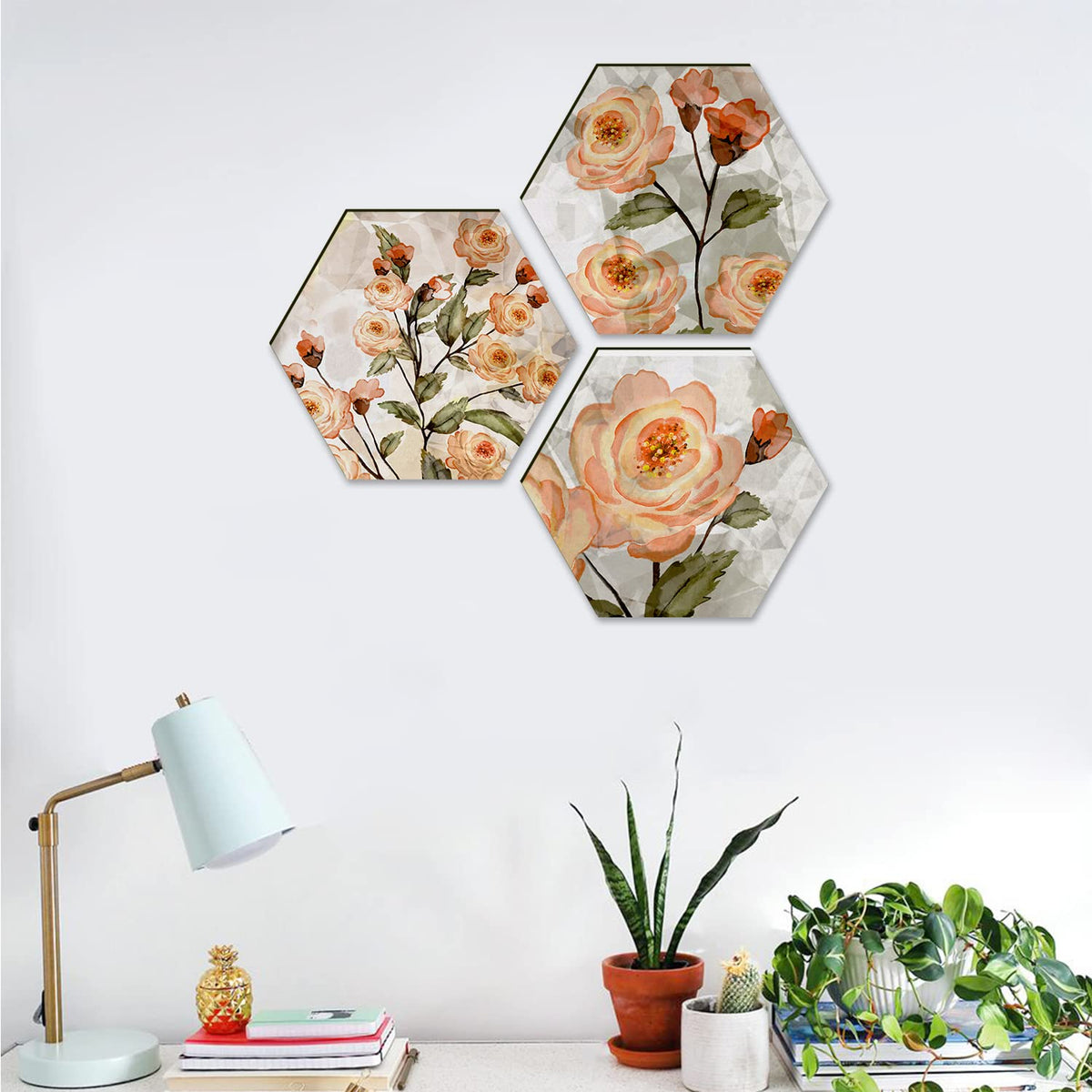Floral Wall Painting For Living Room Hexagonal Set of 3 (F)