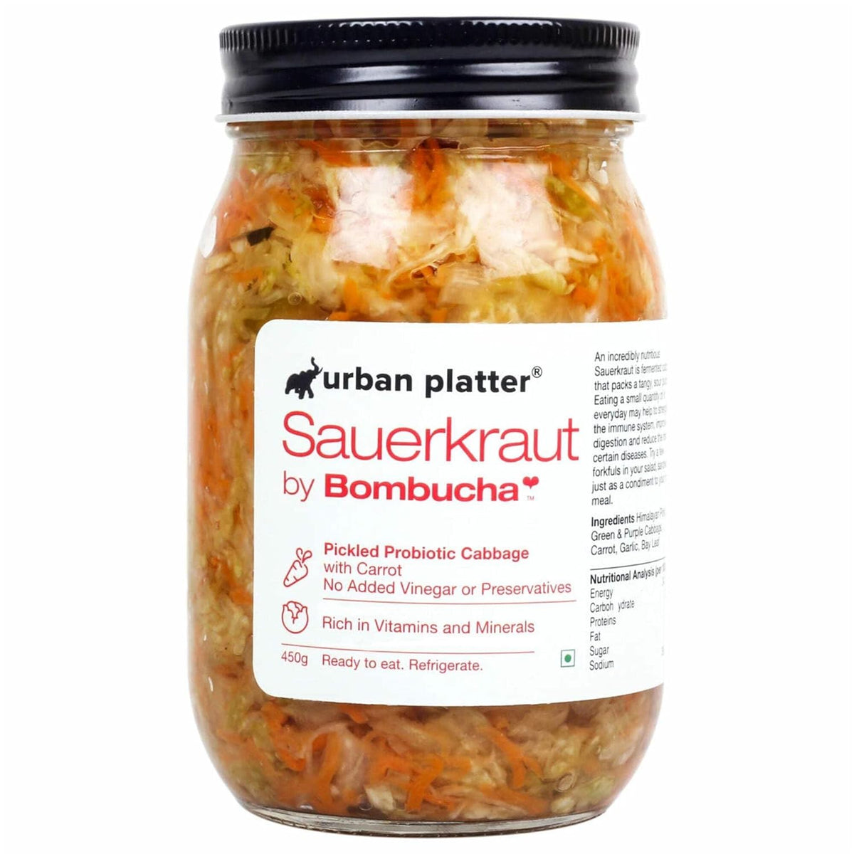 Urban Platter Sauerkraut Original Pickled Probiotic Cabbage with Carrot, 450g / 15.8oz [Raw, Artisanal, Plant-Based, Preservative Free]