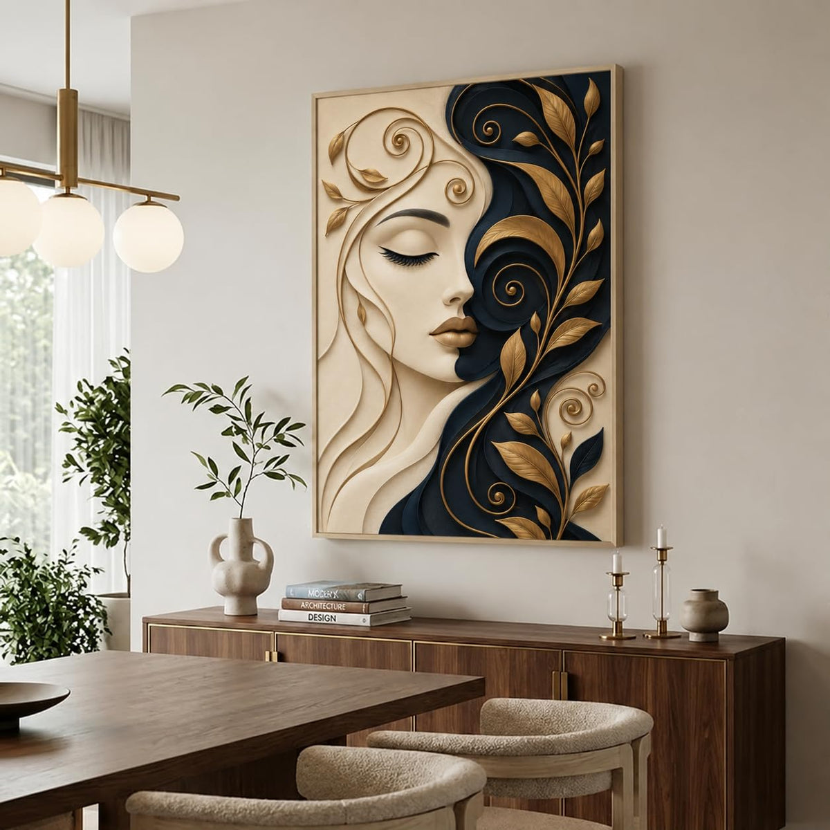 Framed Laminated Wall Art, Luxury Abstract Woman Portrait, 3D Effect Decorative Art Print for Living Room and Bedroom, Set of 1