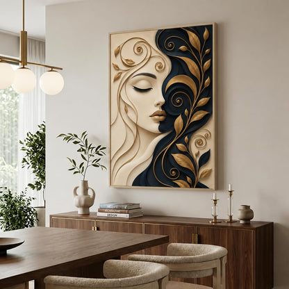 Framed Laminated Wall Art, Luxury Abstract Woman Portrait, 3D Effect Decorative Art Print for Living Room and Bedroom, Set of 1