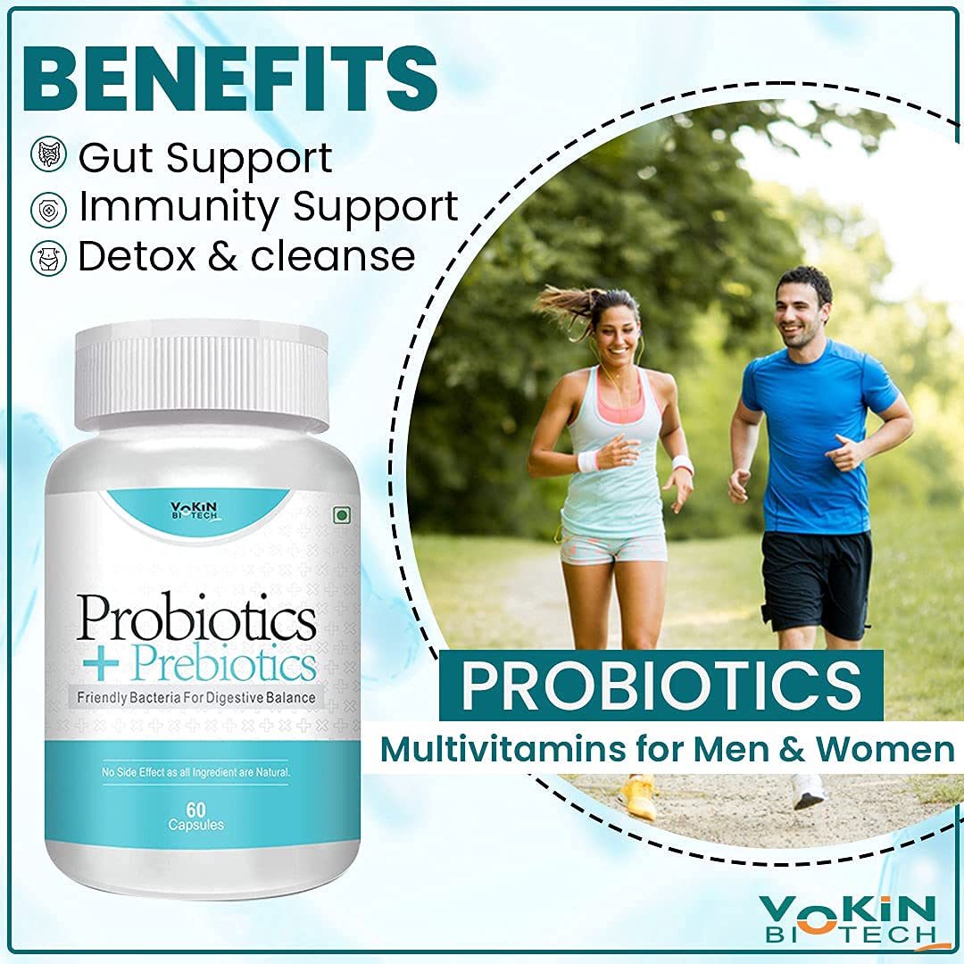 Yokin Biotech probiotics supplement bottle with a couple running outdoors, highlighting benefits like gut support and immunity support.