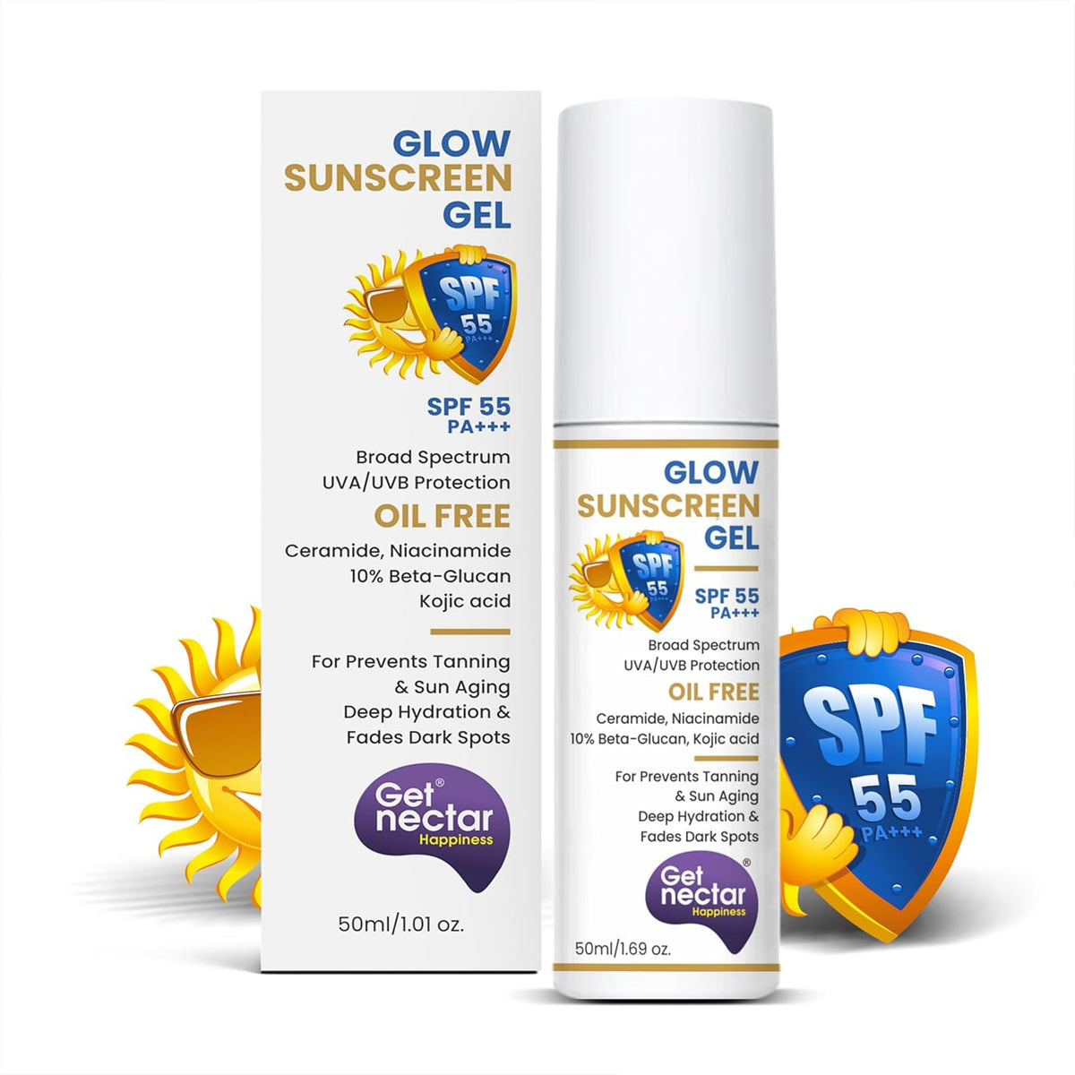 Glow Sunscreen Gel SPF 55 packaging with sun and shield graphics on a white background