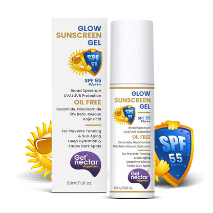 Glow Sunscreen Gel SPF 55 packaging with sun and shield graphics on a white background
