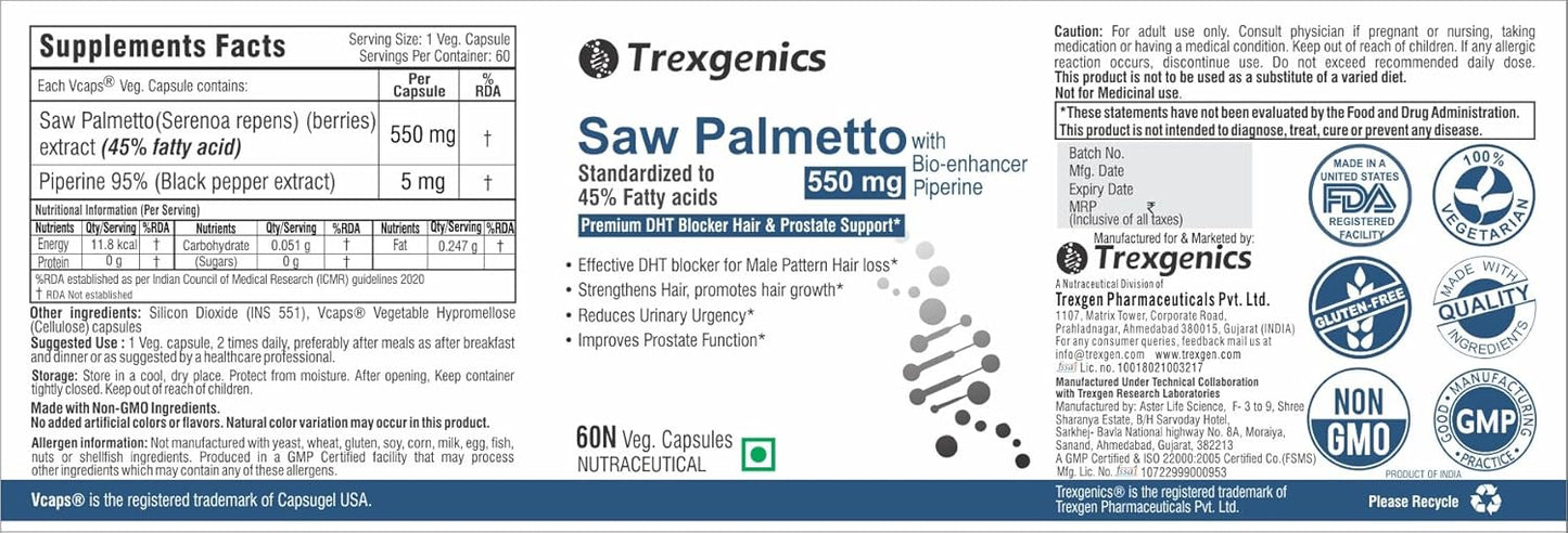 Supplement label for Trexegenics Saw Palmetto with standardized 45% Fatty Acids on a white background.