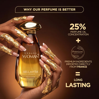 BELLAVITA URBANE WOMAN | Dubai Crafted | Perfume For Woman | 100ml | 25% Oil Concentration | Rose, Jasmine, Vanilla & Musk | Premium Long Lasting Perfume