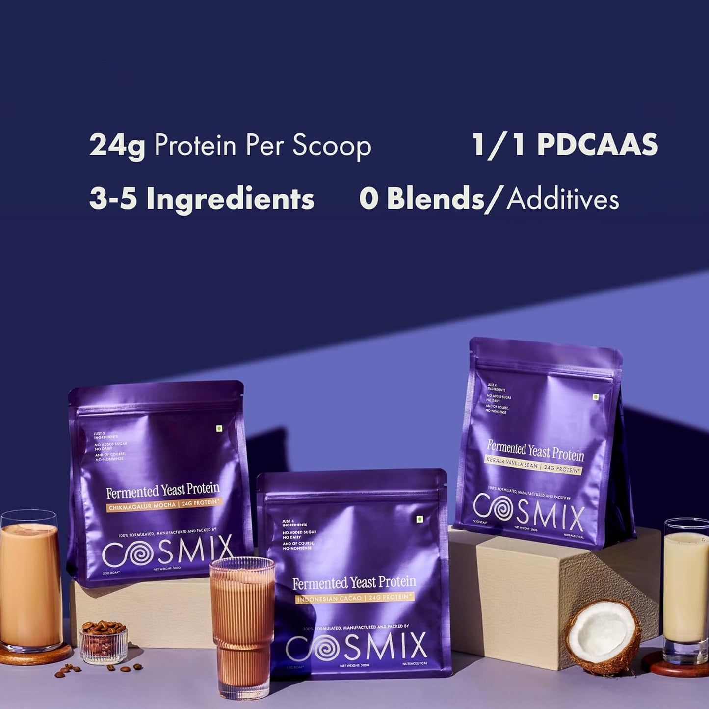 Cosmix Fermented Yeast Protein Powder | 24g Protein | Pure Single-Source Plant Protein | Made In-House | Smooth, Crazy tasty & Gut-Friendly | Indonesian Cacao, 500g Pouch