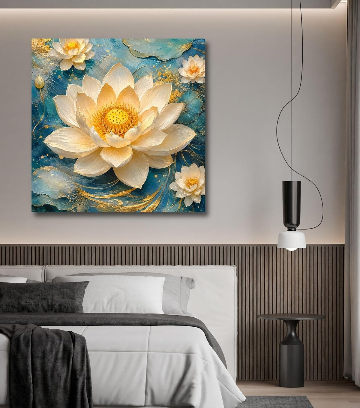 Lotus Flower Painting for Wall Vastu (15+ DESIGNS) Framed Lotus Canvas Painting for Living Room, Bedroom | Nature Floral Wall Art with Multiple Design Variations (Cream Lotus, 18x18 Inch, Framed)