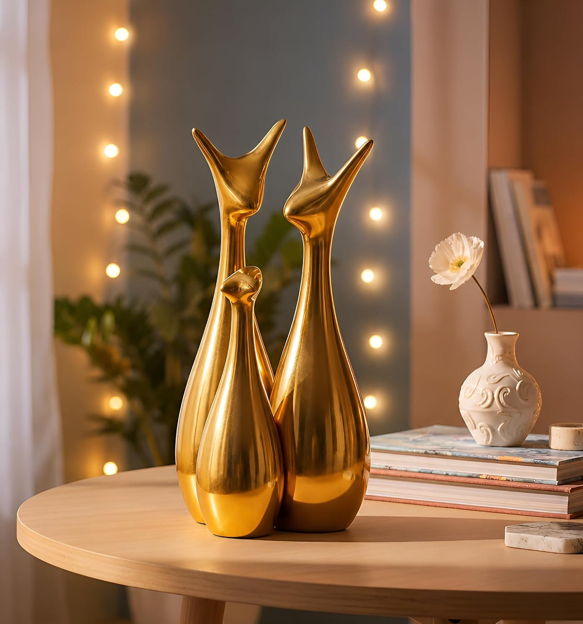 Home Decor Lucky Deer Statue Family Piano Finish Ceramic Figures - (Set of 3, Golden Set)