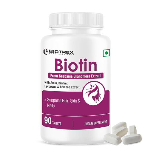 Biotrex Nutraceuticals Biotin Supplement For Hair, Skin & Nails, Enriched With Amla, Brahmi, Lycopene & Bamboo Extract - 90 Tablets