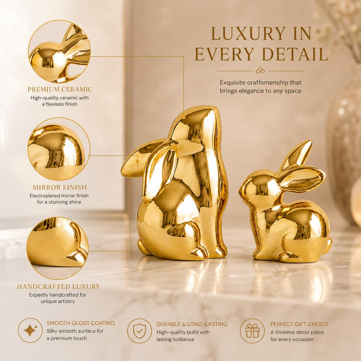 Street27 Ceramic Rabbit Figurines Set of 2, Gold Decorative Bunny Statues for Home Decor, Small Modern Animal Showpieces for Living Room, Bedroom, Office Desk, Shelf Decoration, Glossy Finish