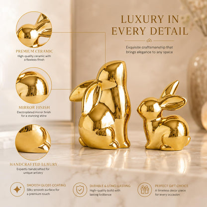 Street27 Ceramic Rabbit Figurines Set of 2, Gold Decorative Bunny Statues for Home Decor, Small Modern Animal Showpieces for Living Room, Bedroom, Office Desk, Shelf Decoration, Glossy Finish