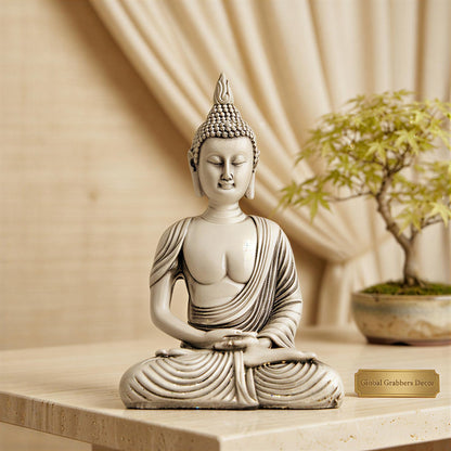 New Sitting Meditating Buddha Statue showpiece Idol Home Decor Items for Living Room and Gifts (Antique White)