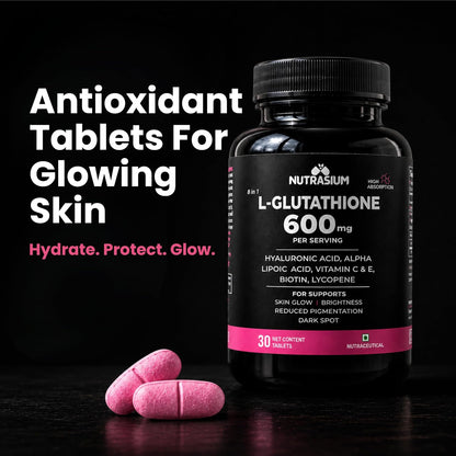 Nutrasium L-Glutathione 600 mg with Hyaluronic Acid & Biotin | For Skin Glow, Hydration, Even Skin tone & Skin Radiance | Reduce Pigmentation & Dark Spot | 60 Tablets