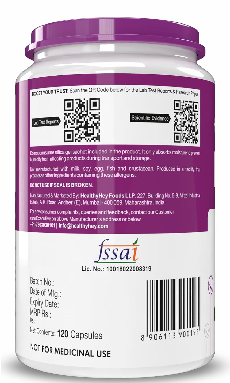 Back label of a supplement container with QR codes, text, and a barcode on a white background.