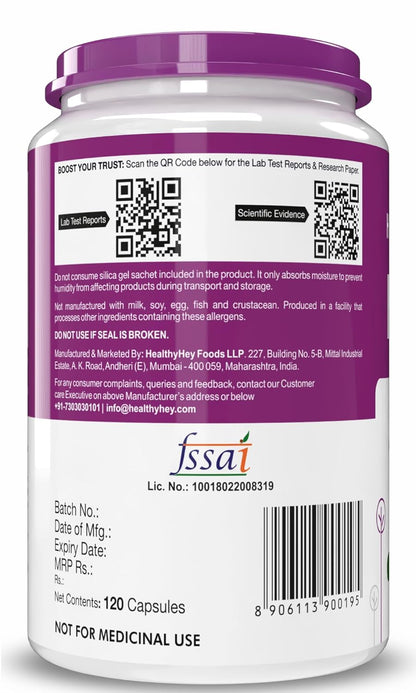 Back label of a supplement container with QR codes, text, and a barcode on a white background.