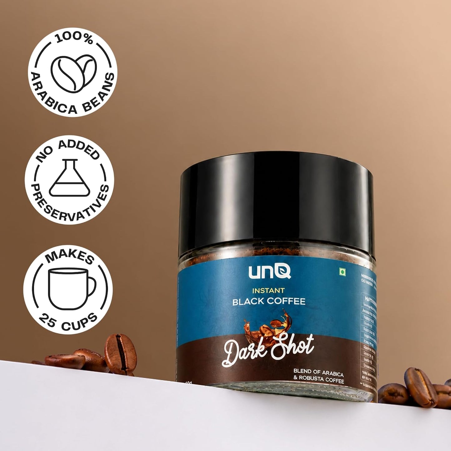 unQ Dark Shot Instant Black Coffee Powder | Strong Arabica Robusta Blend | Cafe Style Coffee | Quick Hot & Cold Mix | 25 Cups | No Additives