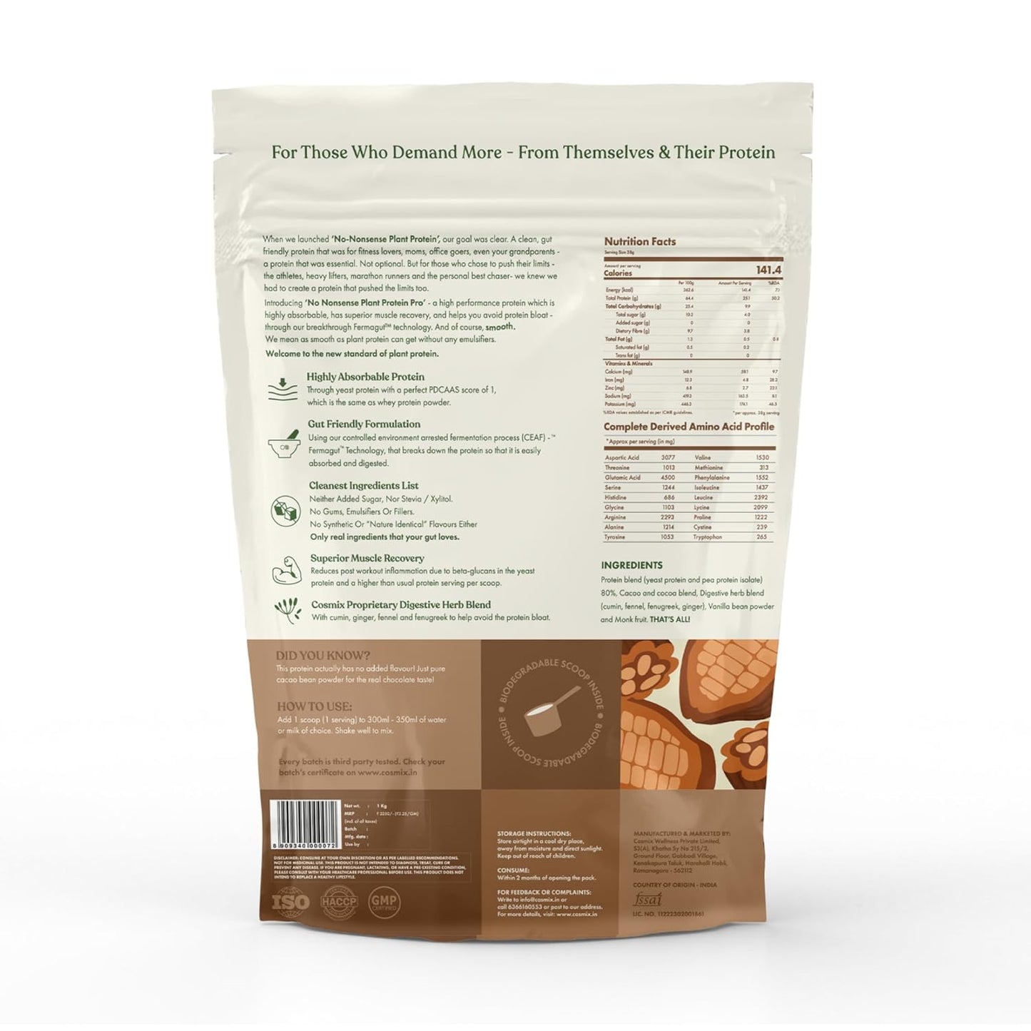 Cosmix No-Nonsense Plant Protein PRO 26g Protein | Yeast Protein & Pea Protein Blend | Indonesian Cacao, 1Kg Pouch x 1 | Clean, Easy to Digest