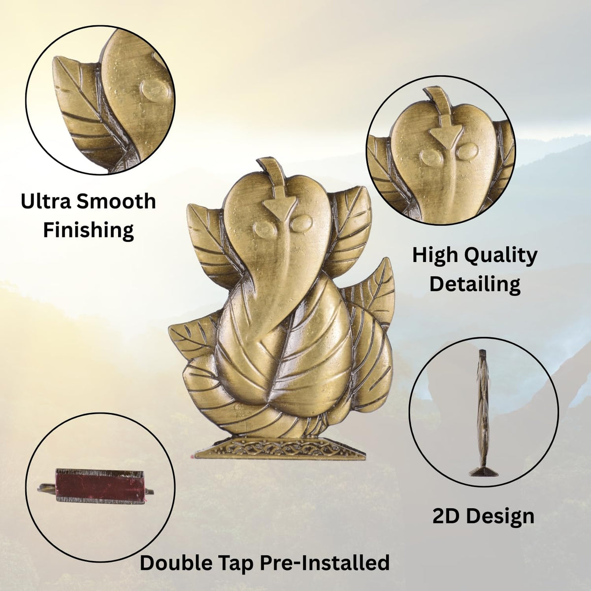 Ganpati Idol for Car Dashboard – Brass Finish Leaf Design Ganesh Ji Murti for Temple, Car & Office Decor (S910-BRS)