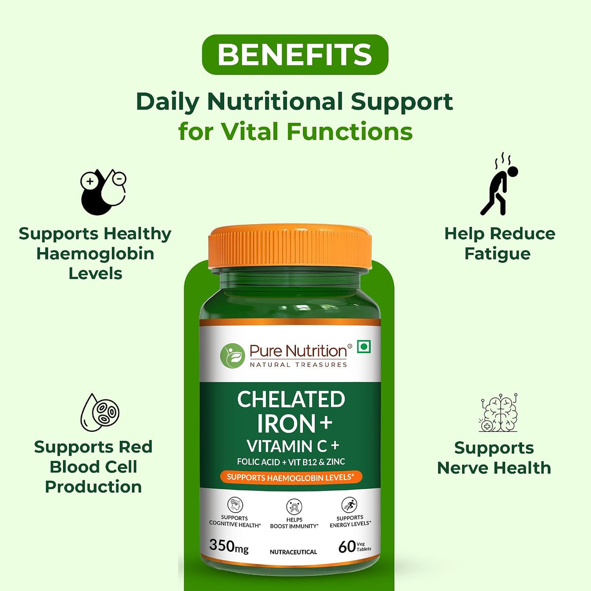 Pure Nutrition Chelated Iron Supplement for Women and Men | Folic Acid Tablets for Pregnancy | Hemoglobin Booster & Maintains Irons Level | with Zinc, Vitamin C & Vitamin B12 - 60 Veg Tablets for Hair Growth with Iron Bisglycinate