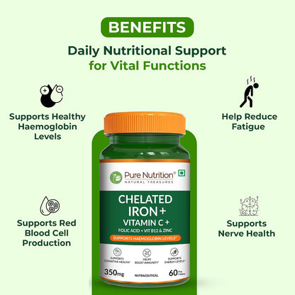 Pure Nutrition Chelated Iron Supplement for Women and Men | Folic Acid Tablets for Pregnancy | Hemoglobin Booster & Maintains Irons Level | with Zinc, Vitamin C & Vitamin B12 - 60 Veg Tablets for Hair Growth with Iron Bisglycinate
