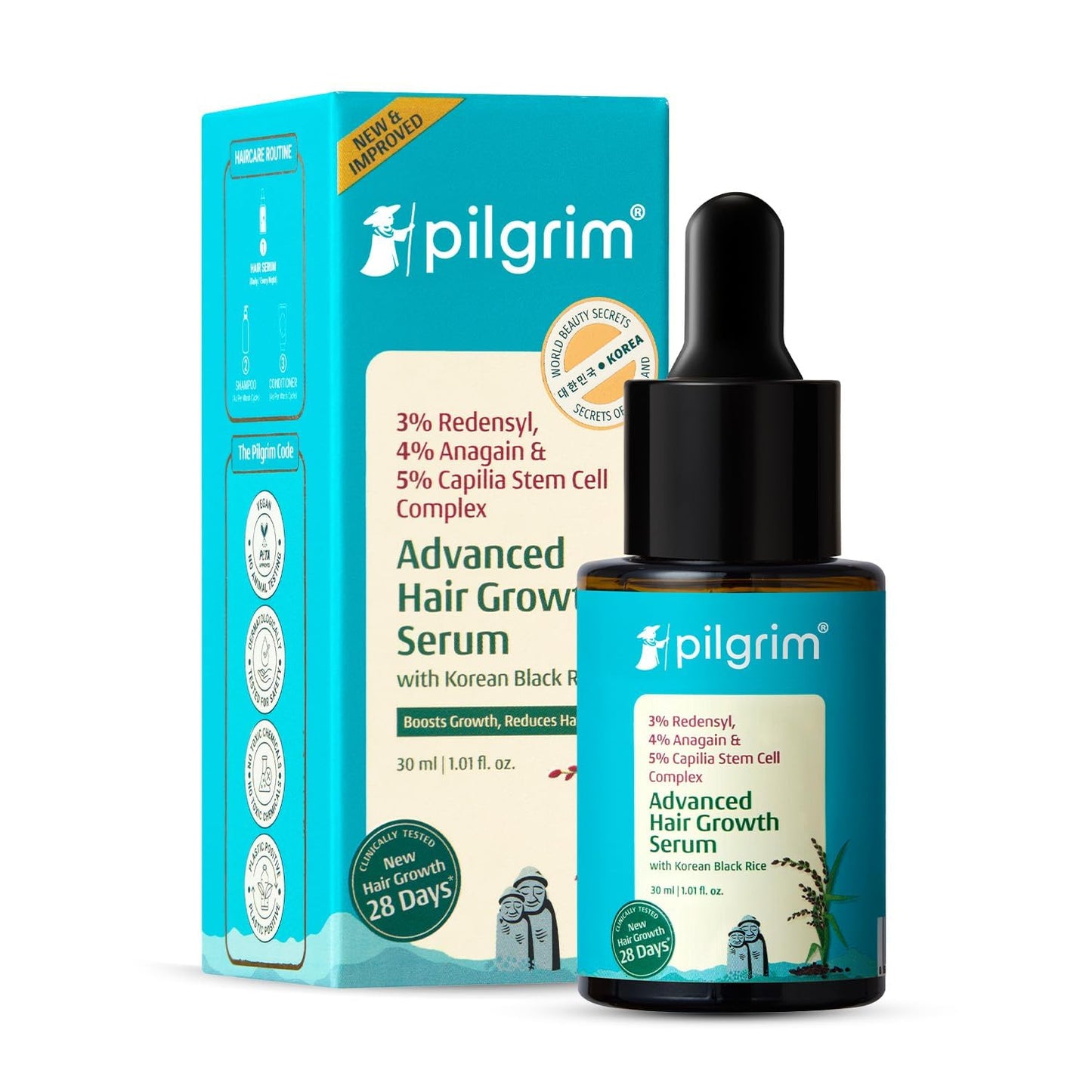 Pilgrim Redensyl 3% + Anagain 4% + 5% Capilia Stem Advanced Hair Growth Serum (30ml) for Scalp with Korean Black Rice & Rosemary | Control Hair Fall, Stimulate Hair Regrowth, Increase Hair Density