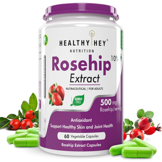Container of Healthy Hey Nutrition Rosehip Extract with rosehips and capsules on a white background