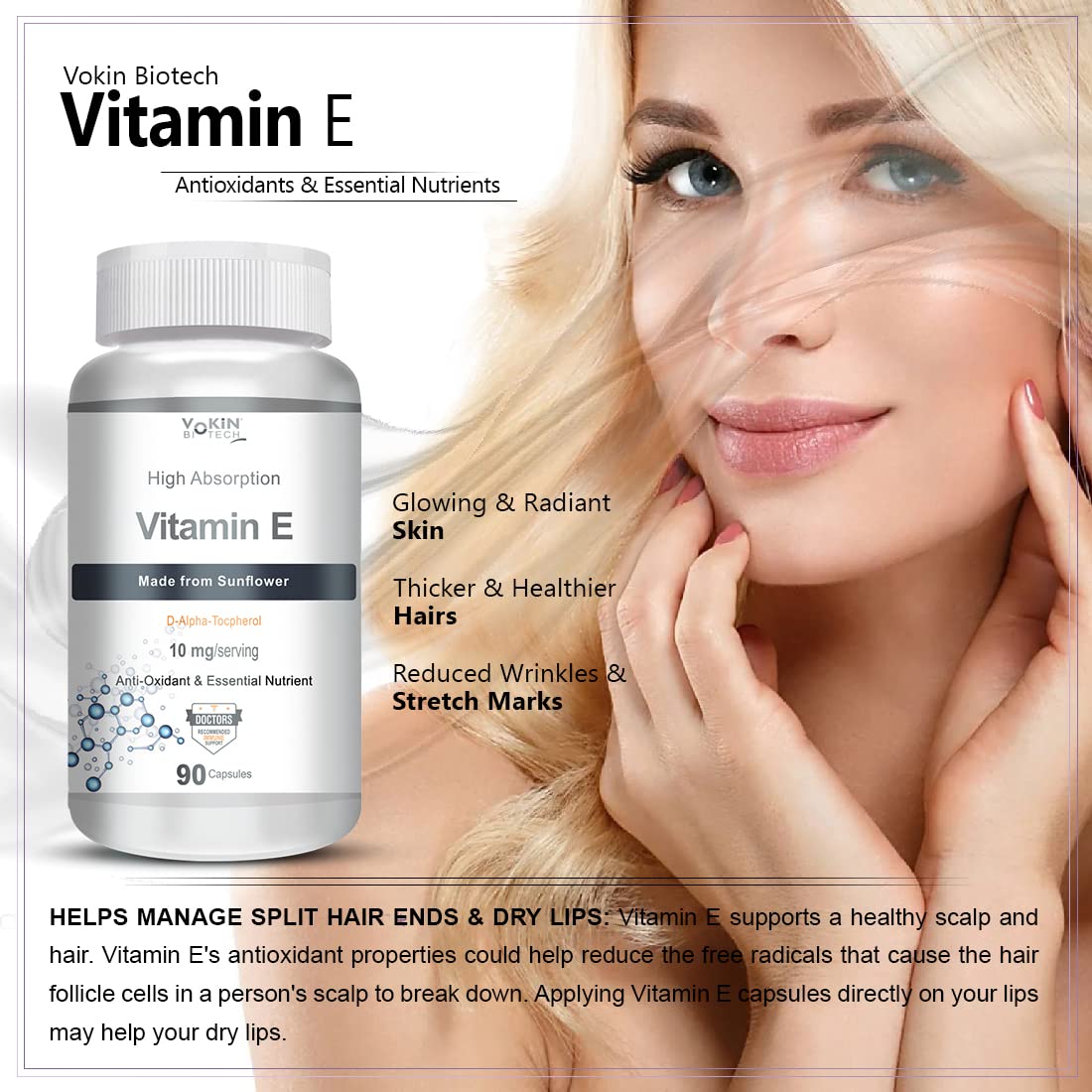 Vitamin E supplement bottle with a woman touching her face, promoting skin and hair health benefits.