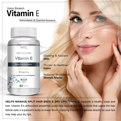 Vitamin E supplement bottle with a woman touching her face, promoting skin and hair health benefits.