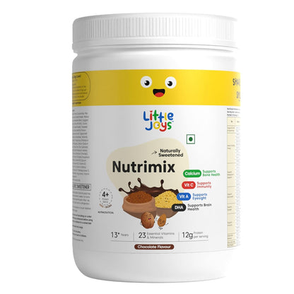 Little Joys Chocolate Nutrimix 13+ (350g) | Naturally Sweetened with Dates & Jaggery | With 23 Essential Vitamins & Minerals | 12g Protein per Serving | Supports Healthy Growth & Boosts Immunity| Chocolate Flavour Nutrition Drink Powder