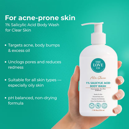 THE LOVE CO 1% Salicylic Acid Body Wash 236ml | Body & Back Acne | Paraben & SLS Free | Prevents Dry, Rough, Bumpy, and Strawberry Skin | Deep Cleanses Skin | For Men & Women | Body Shower Gel