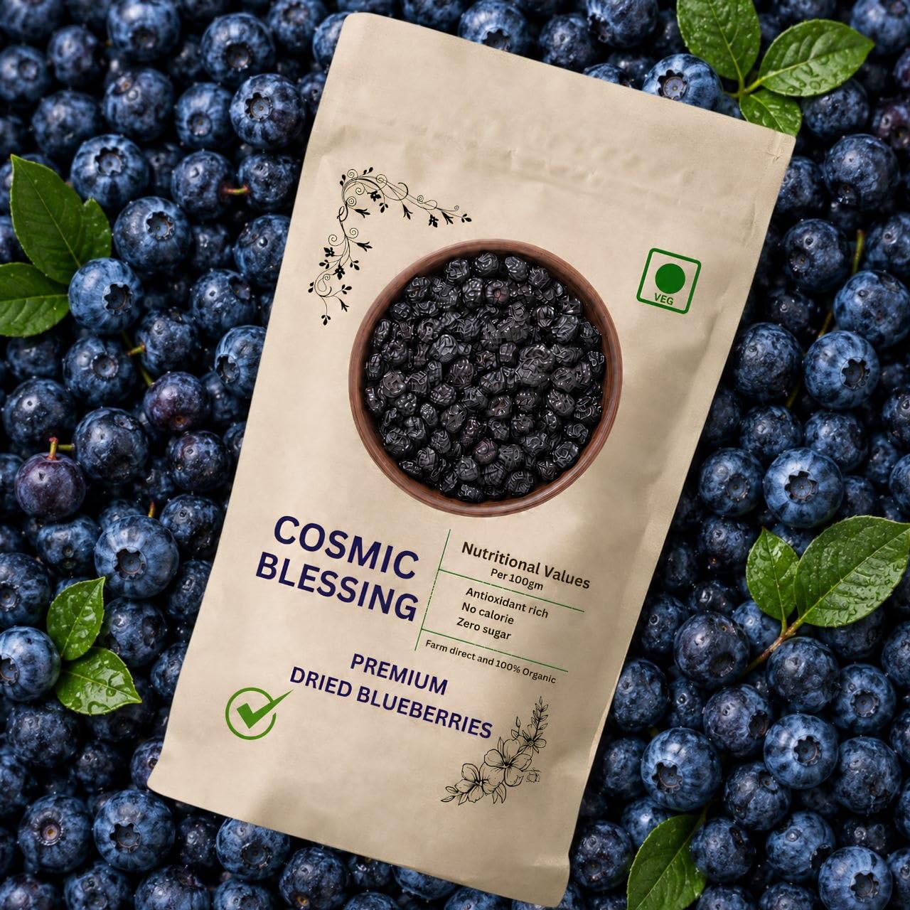 Cosmic Blessing Natural Premium California Blueberries Without added Sugar | Dried Seedless Blueberries | Healthy & Tasty Whole & Dried Blueberry | Rich In Calcium And Vitamin K | Non-GMO