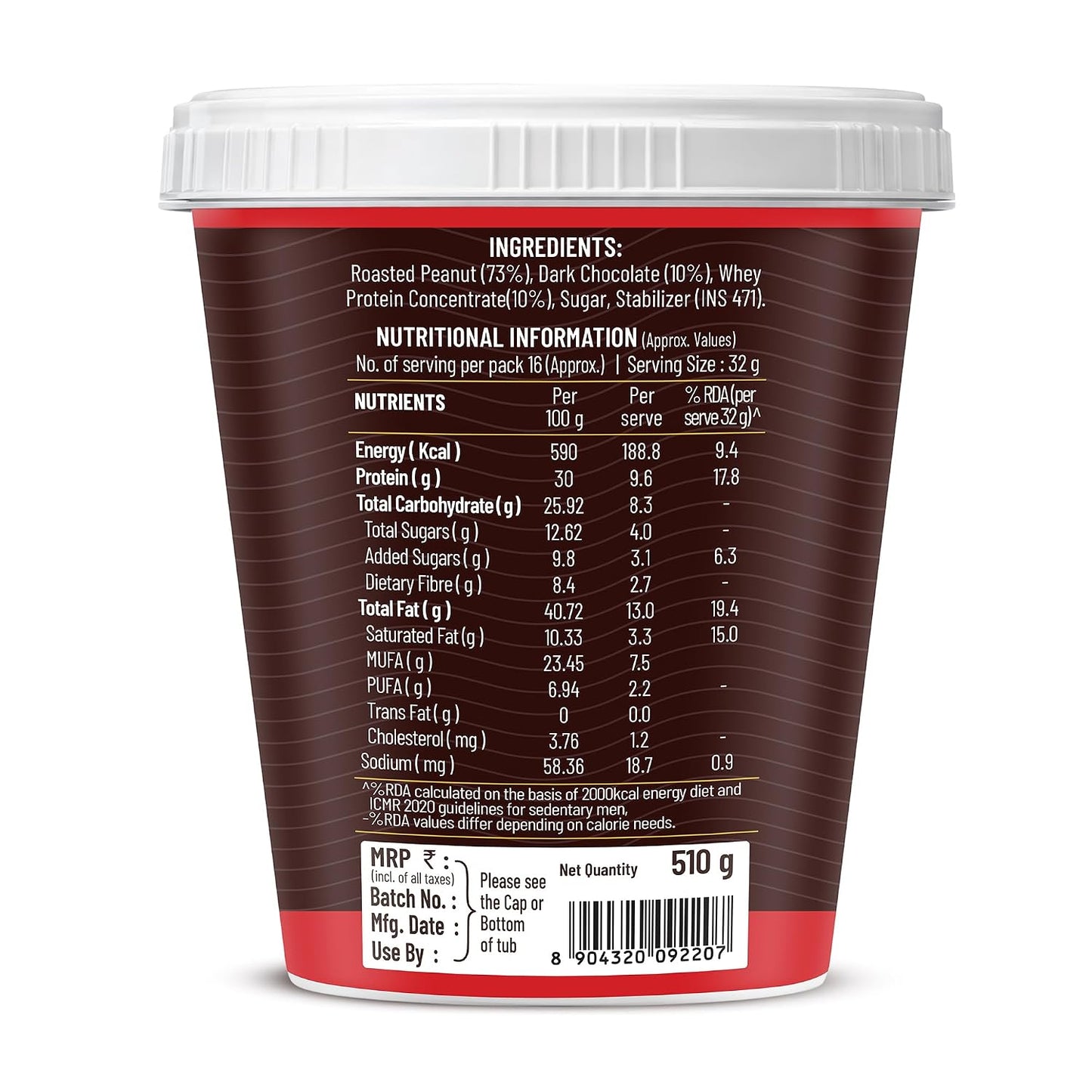 DiSano High Protein Dark Chocolate Peanut Butter with Whey Protein, Creamy | 30g Protein. Gluten Free, Post & Pre Workout snack