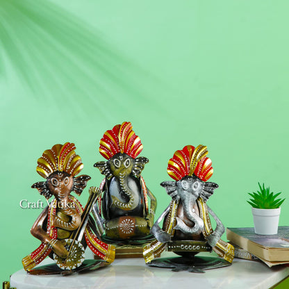 CraftVatika Metal Ganesha Playing Musical Instruments Set of 3, Handcrafted Ganesha Playing Dholak Harmonium Sitar Showpiece for Living Room Tabletop Home Décor Items, Ganesh Musical Showpiece