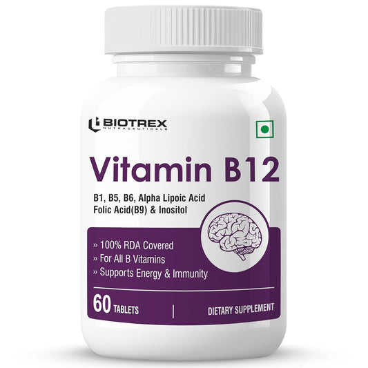 Biotrex Nutraceuticals Vitamin B12 With B1, B5, B6, B9(Folic Acid), Alpha Lipoic Acid ALA & Inositol Supplements | Energy Management | Antioxidant | 60 Tablets