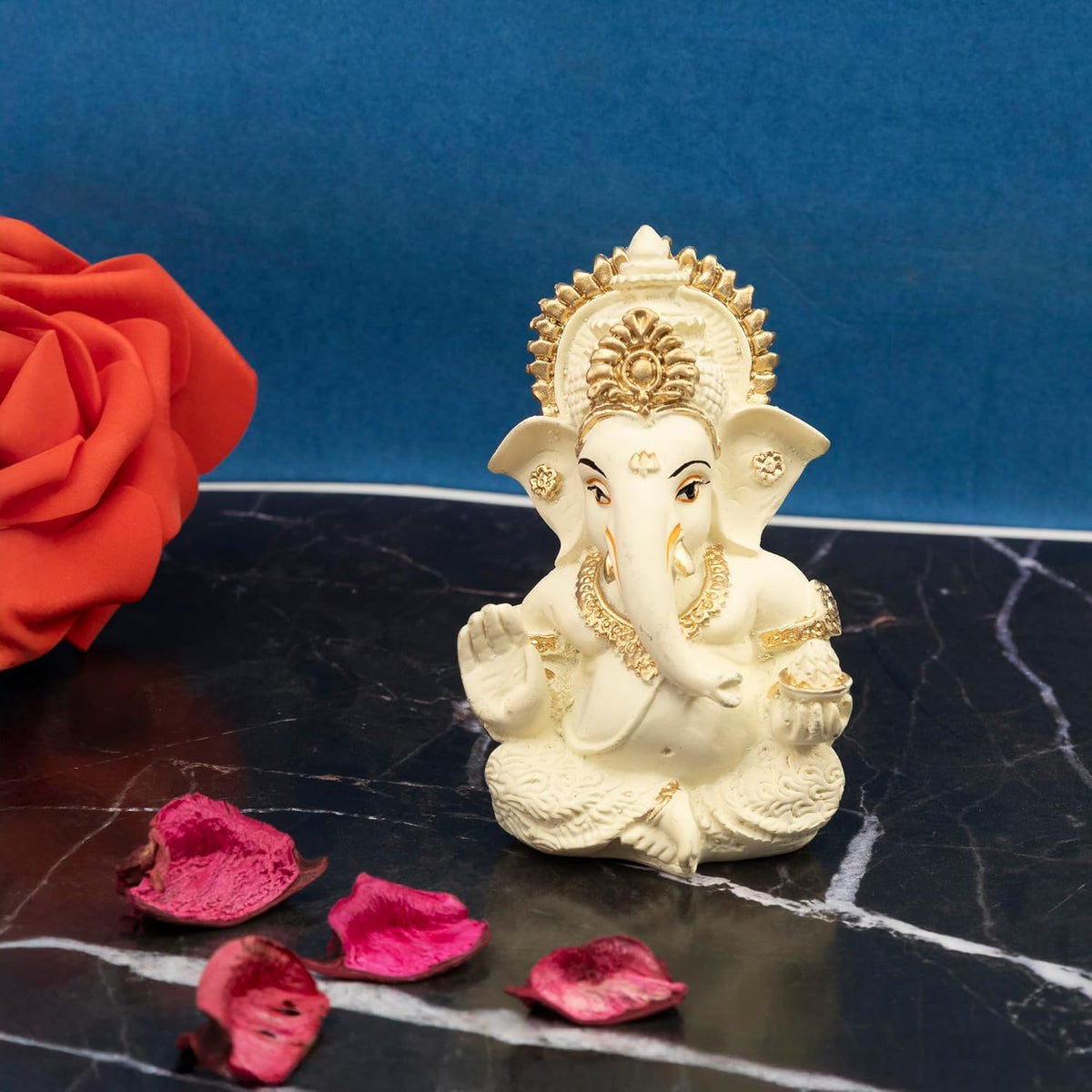 Lord Ganesha Idol for Car Dashboard, Home Decor & Pooja | Resin Gold Plated Ganpati Murti | 3.5 Inch Ganesh Statue for Gift, Diwali, Housewarming, Baby Shower, Mandir Decor, Off White, P -1